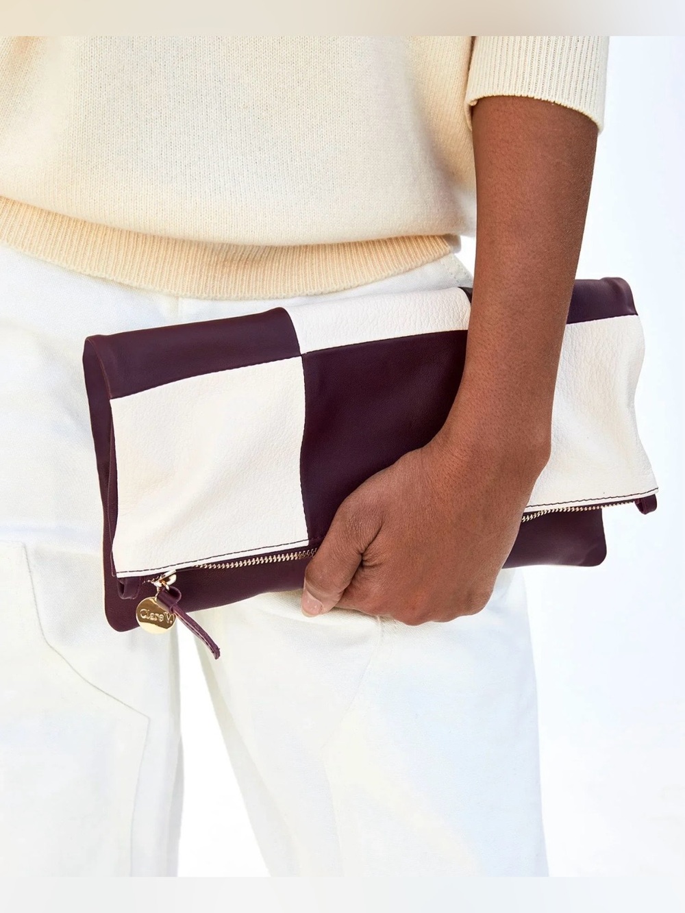 Clare V White Leather Zip Cosmetic Pouch